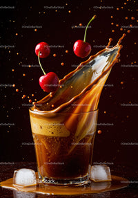 Splash of iced coffee with fresh cherries and ice cubes
