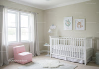 Bright Modern Nursery with White Crib Pink Armchair and Wall Art