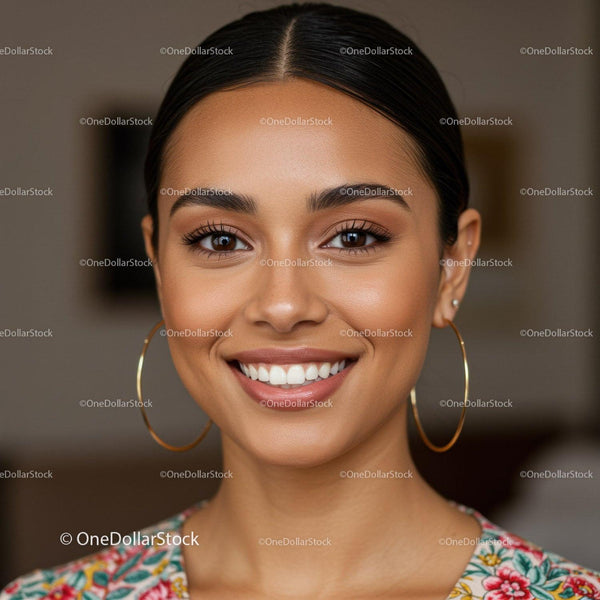 Close-Up Portrait of a Smiling Woman with Elegant Earrings and Flawless Skin