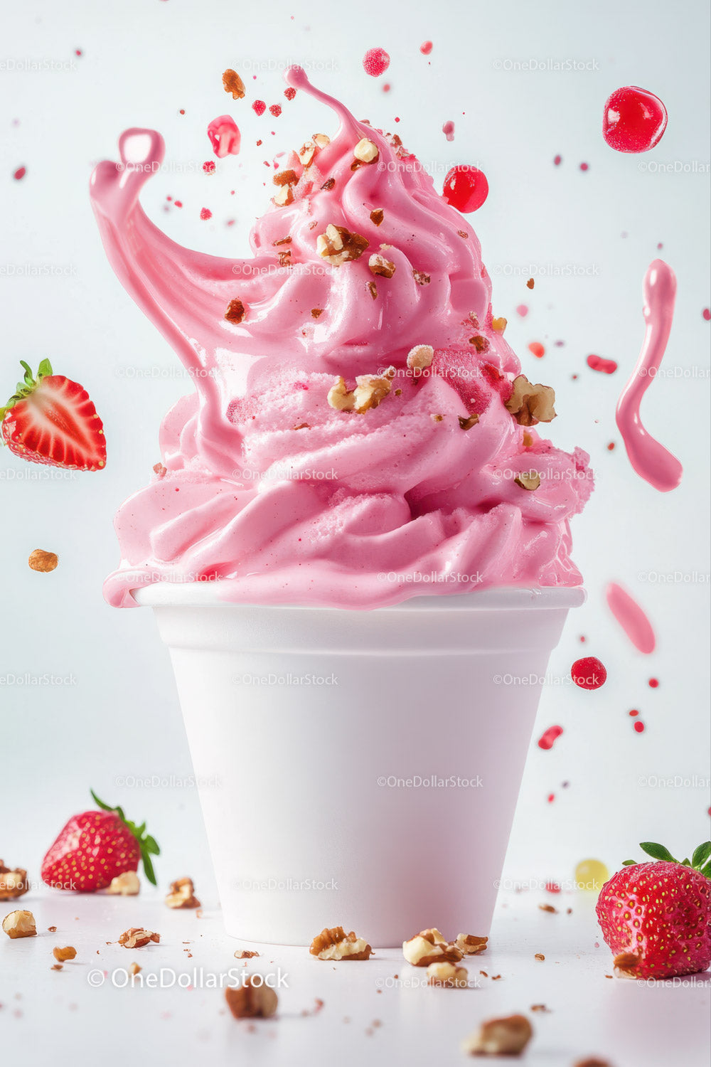 Różowe lody truskawkowe z orzechami i świeżymi jagodami