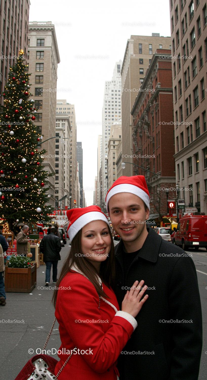 Couple Wearing Santa Hats Enjoying City Christmas Spirit