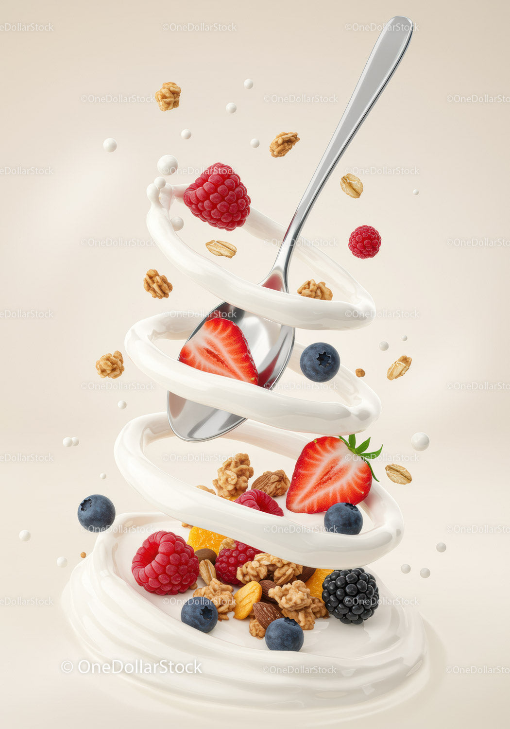 Spoon with Fresh Berries and Yogurt Spiral Splash