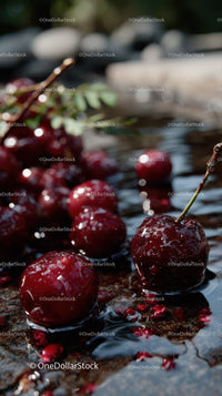 Juicy Red Cherries Freshly Picked on a Wet Surface in sunshine