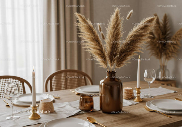 Stylish Dining Table with Pampas Grass and Elegant Tableware