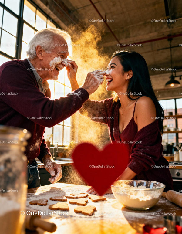 Joyful couple playfully baking heart cookies together