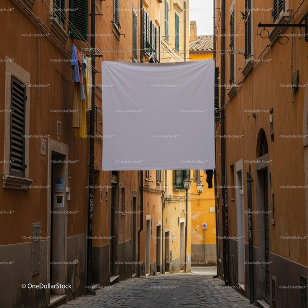 Narrow European Alley with Hanging Laundry and Banner JPG Mockup Image