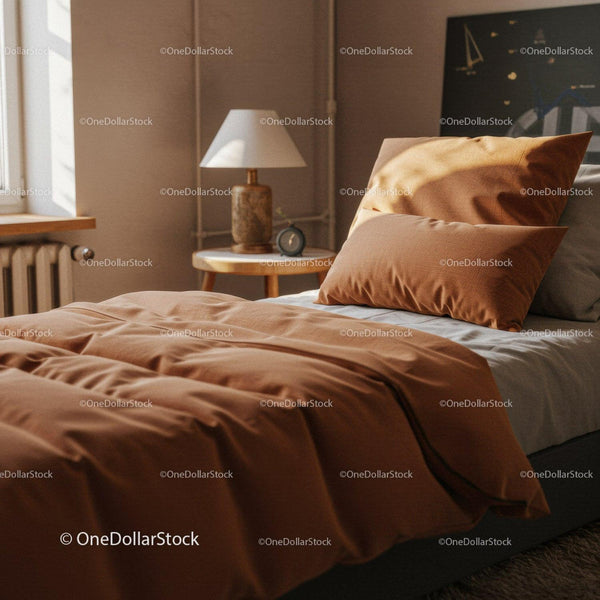 Cozy Bedroom with Orange Bedding and Soft Natural Light