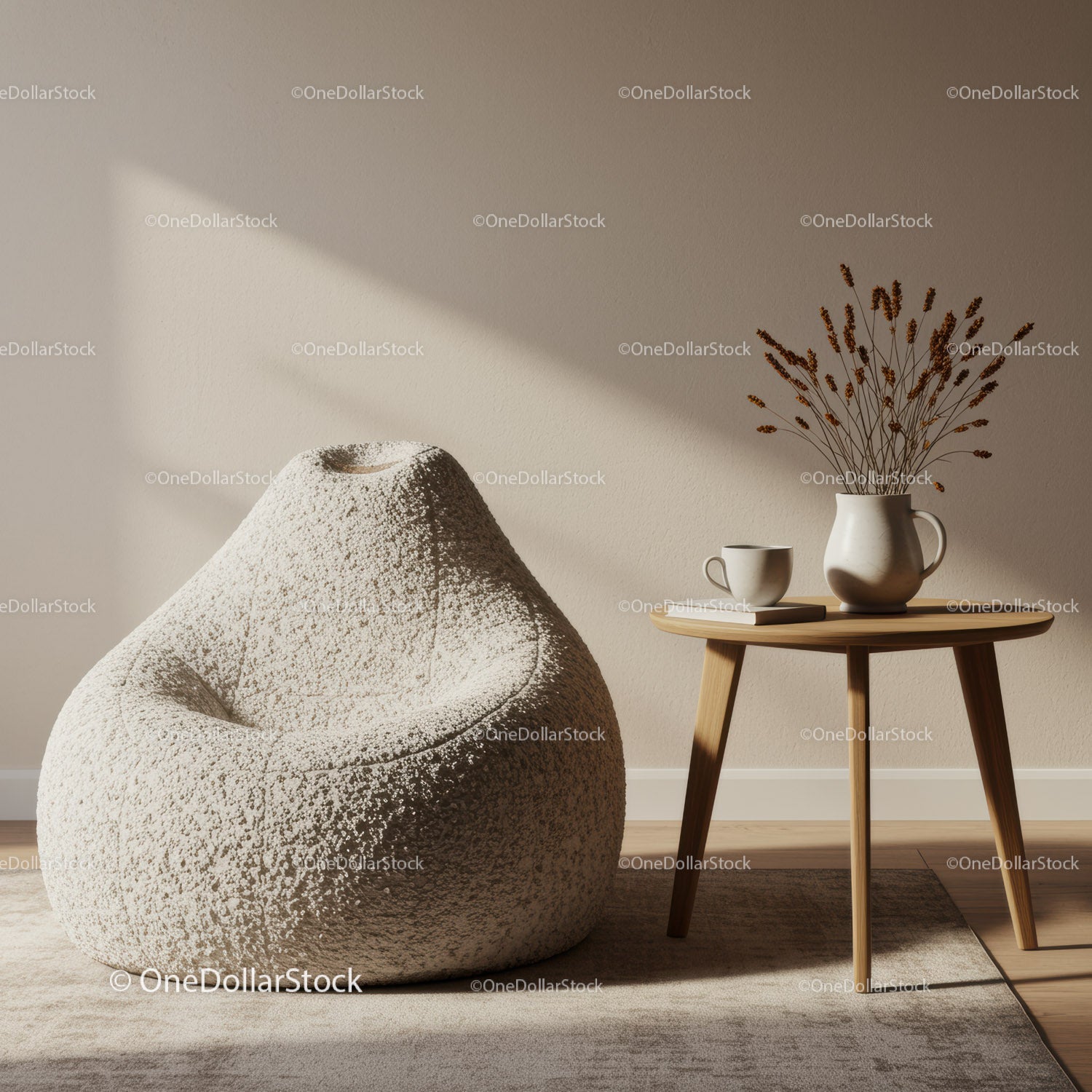 Cozy textured bean bag chair with wooden side table