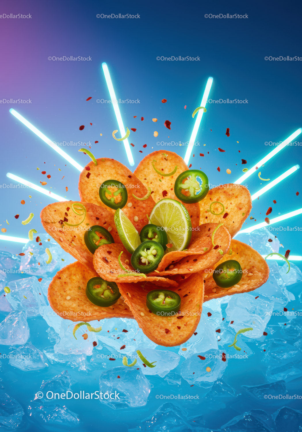 Spicy tortilla chips with lime and jalapenos on ice