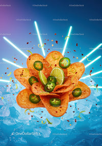 Spicy tortilla chips with lime and jalapenos on ice