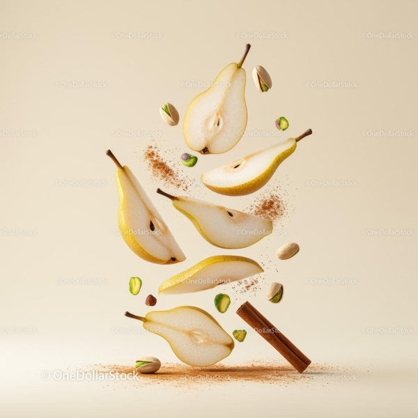 Sliced Pears with Pistachios and Cinnamon Stick Floating
