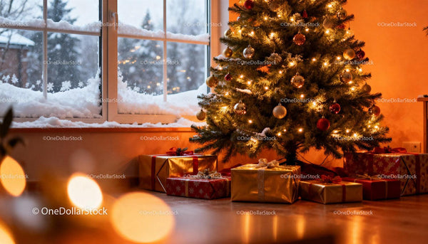 Cozy Christmas Tree with Presents by Snowy Window
