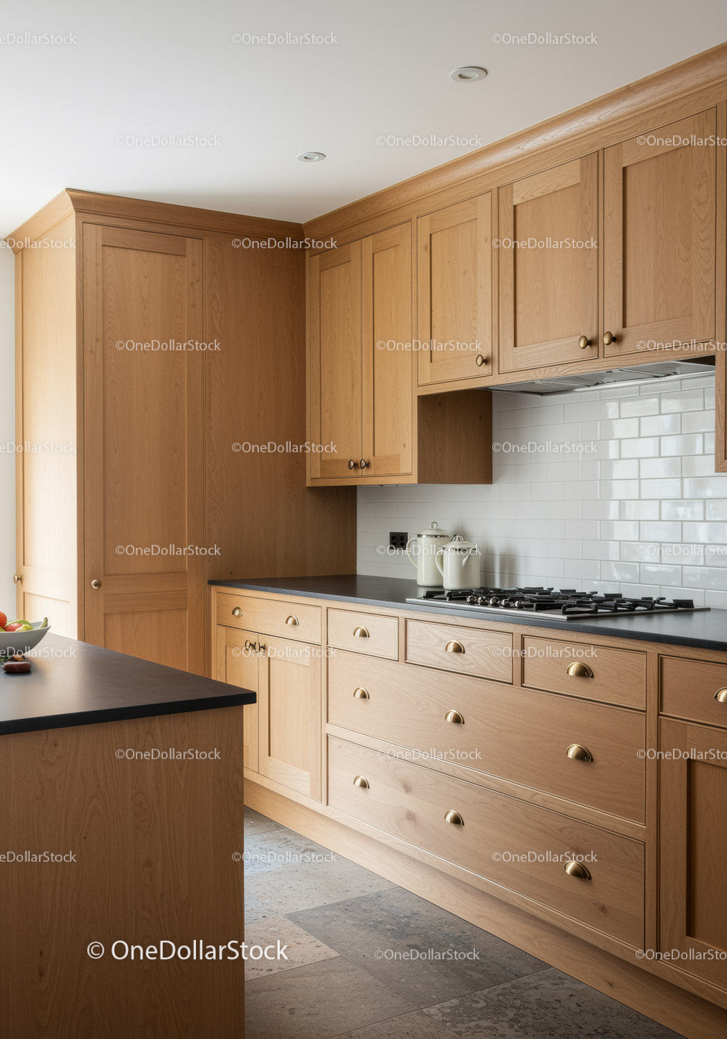 Contemporary Wooden Kitchen with Black Countertop and White Subway Tiles