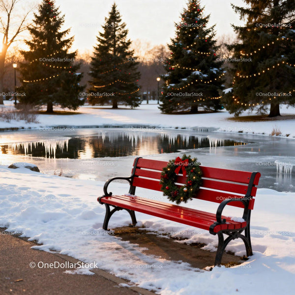 Red Park Bench with Christmas Wreath by Frozen Pond