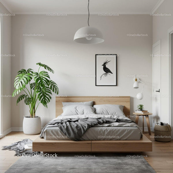 Modern Minimalist Bedroom with Monstera Plant and Black and White Bird Art
