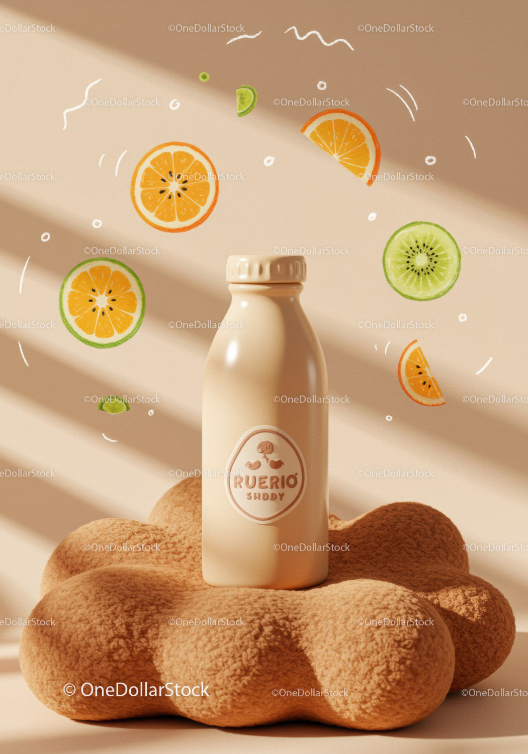Smoothie Bottle on Soft Textured Cushion with Fruit Slices