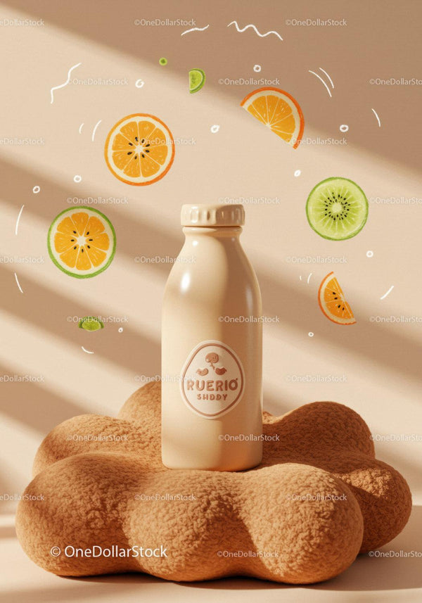 Smoothie Bottle on Soft Textured Cushion with Fruit Slices