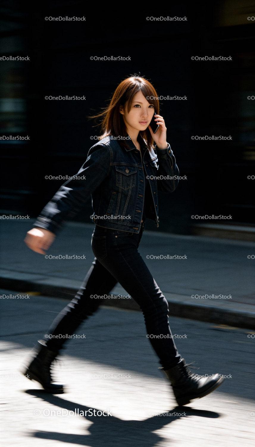 Young woman walking confidently while talking on phone