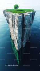 Solitary Tree on a Floating Rocky Island Over Blue Ocean