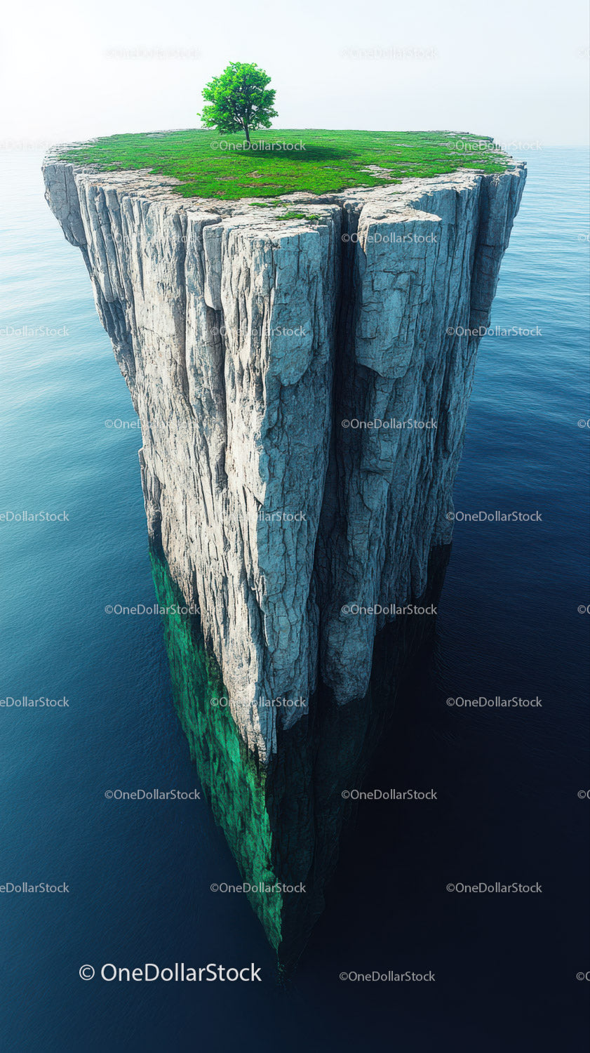 Solitary Tree on a Floating Rocky Island Over Blue Ocean