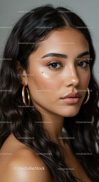 Elegant Woman with Dark Wavy Hair and Brown Eyes in Professional Portrait