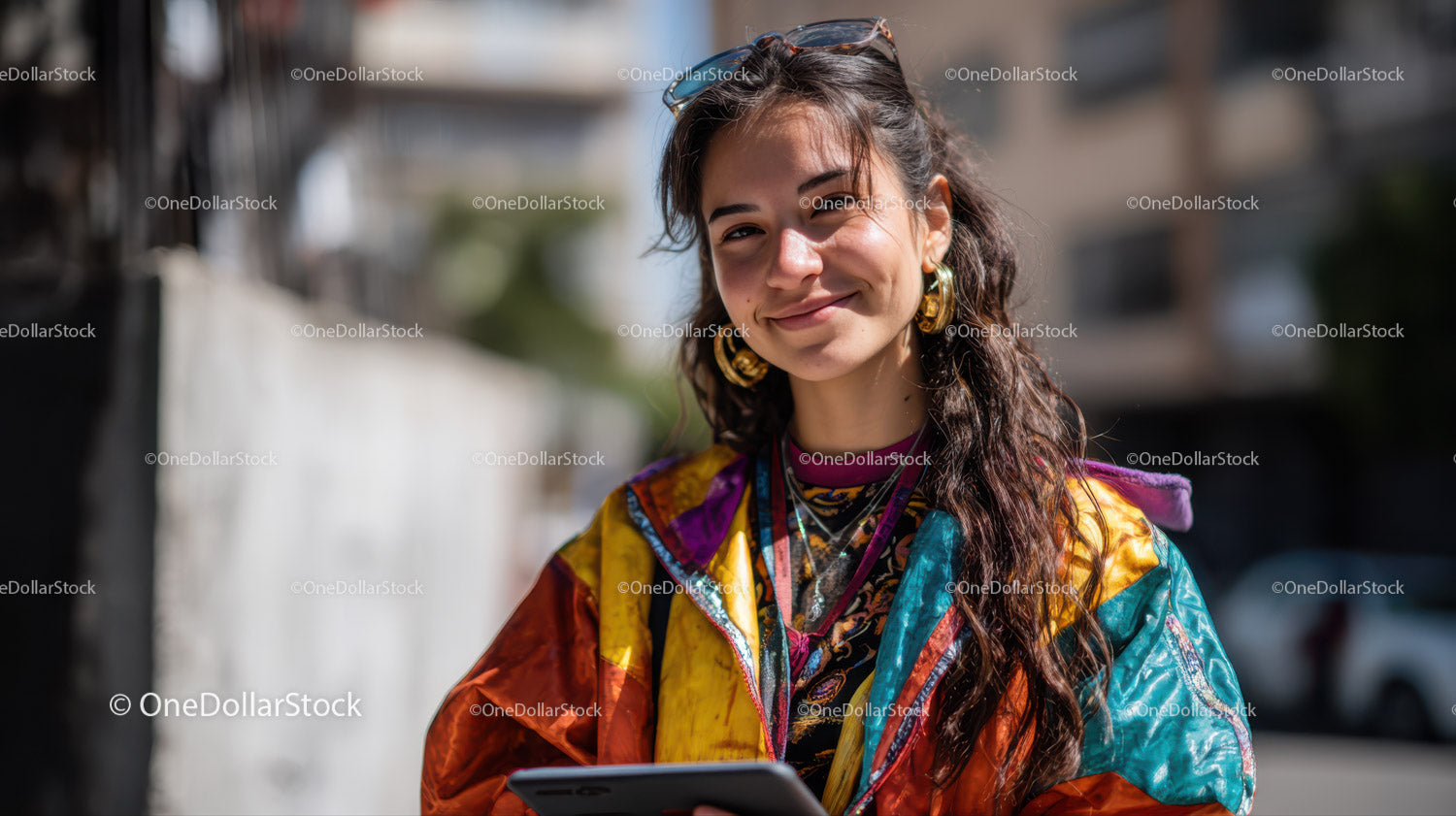 Young Woman Smiling in Colorful Jacket Holding Smartphone Outdoors