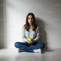 Thoughtful young woman sitting cross-legged holding green apple