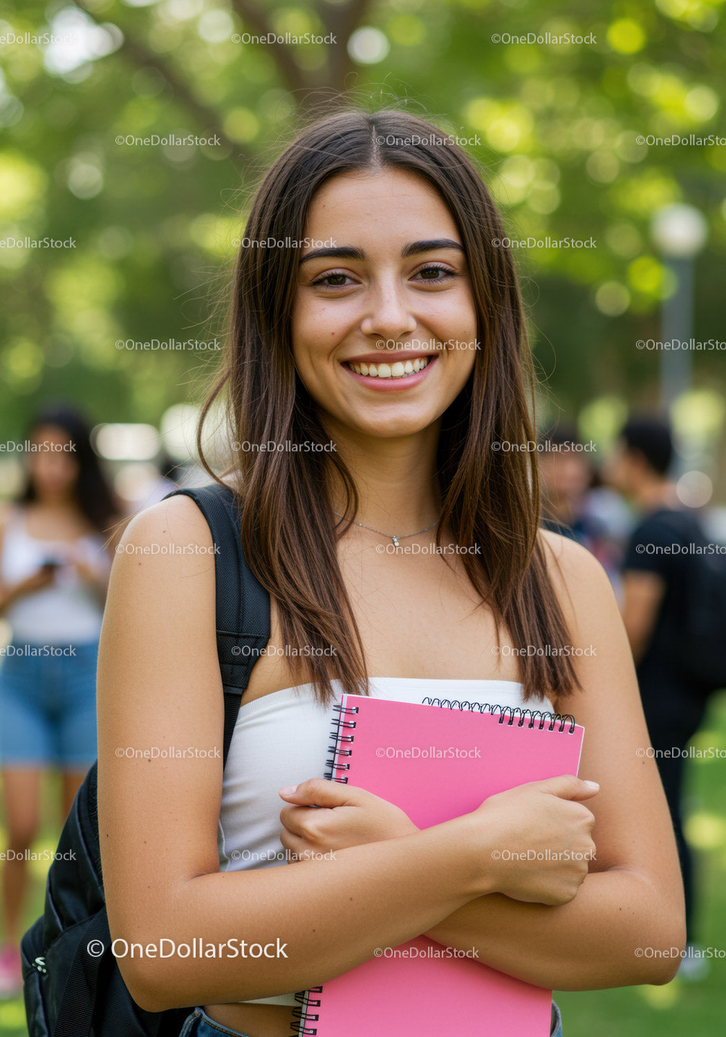 Smiling Teenage Girl with Notebook in Park During Sunny Day