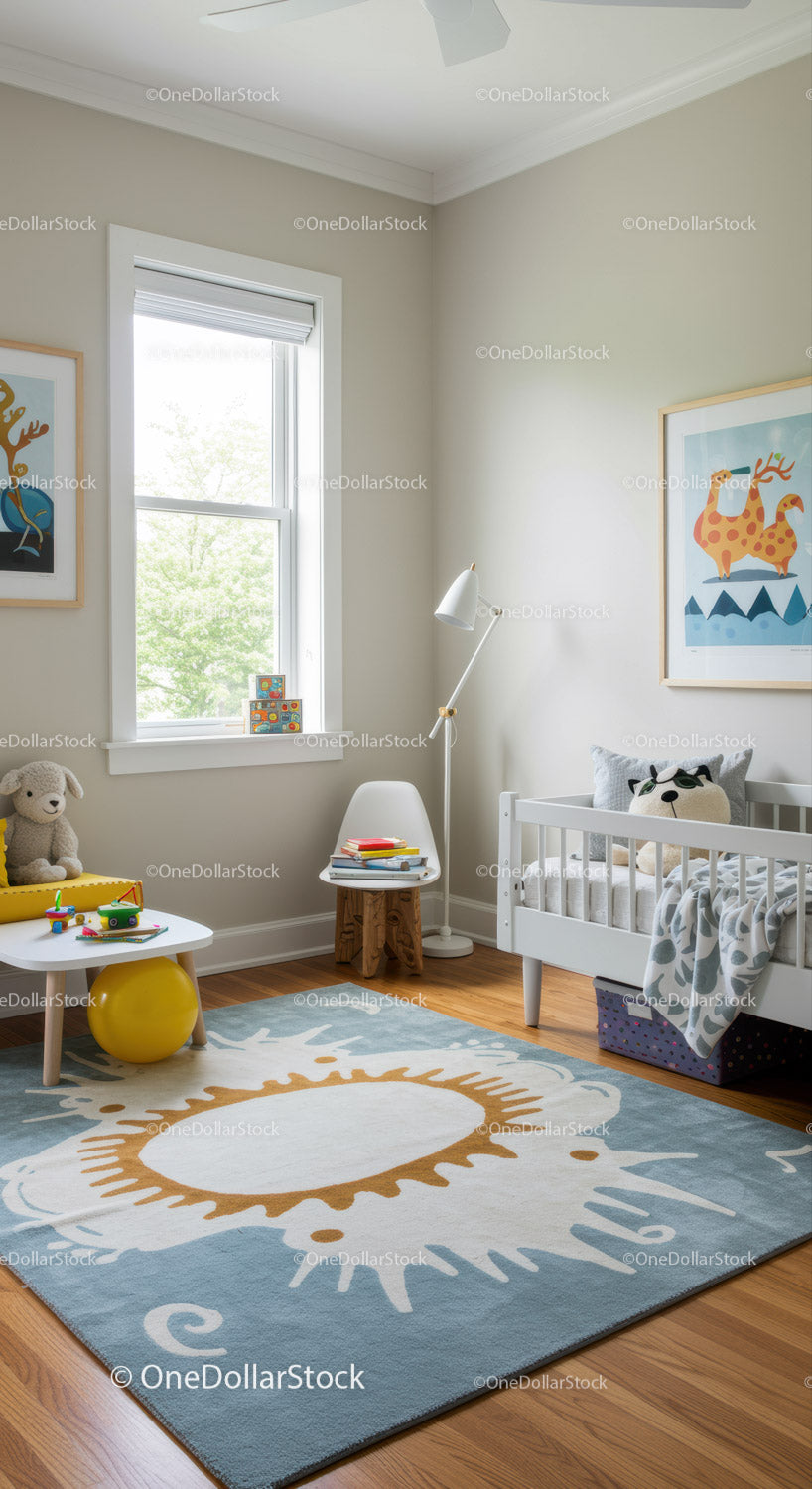 Bright Modern Nursery Room with Baby Crib and Play Area