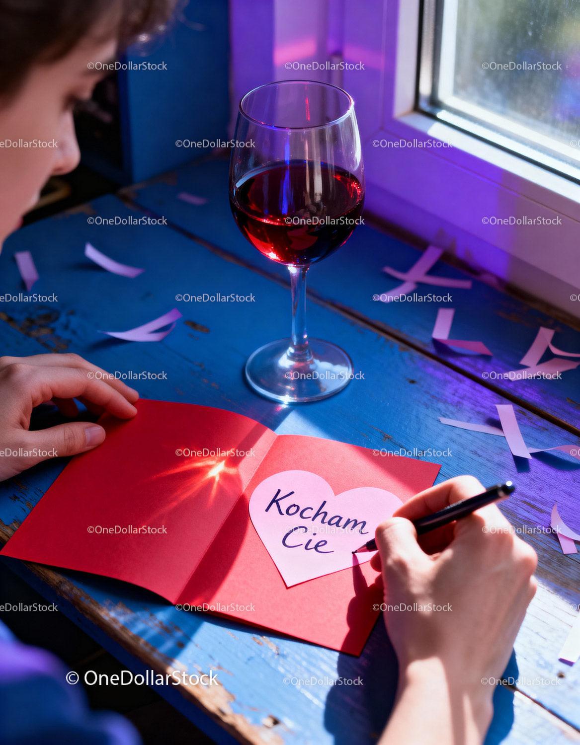 Writing a heartfelt love note with red wine by the window