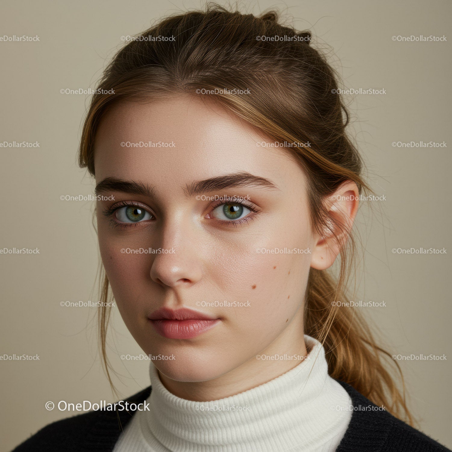 Portret młodej kobiety o niebieskich oczach i brązowych włosach