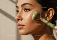 Young Woman Using Jade Roller for Skin Rejuvenation in Spa Setting