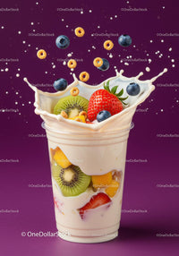 Fresh Fruit and Cereal Splashing into Yogurt Cup