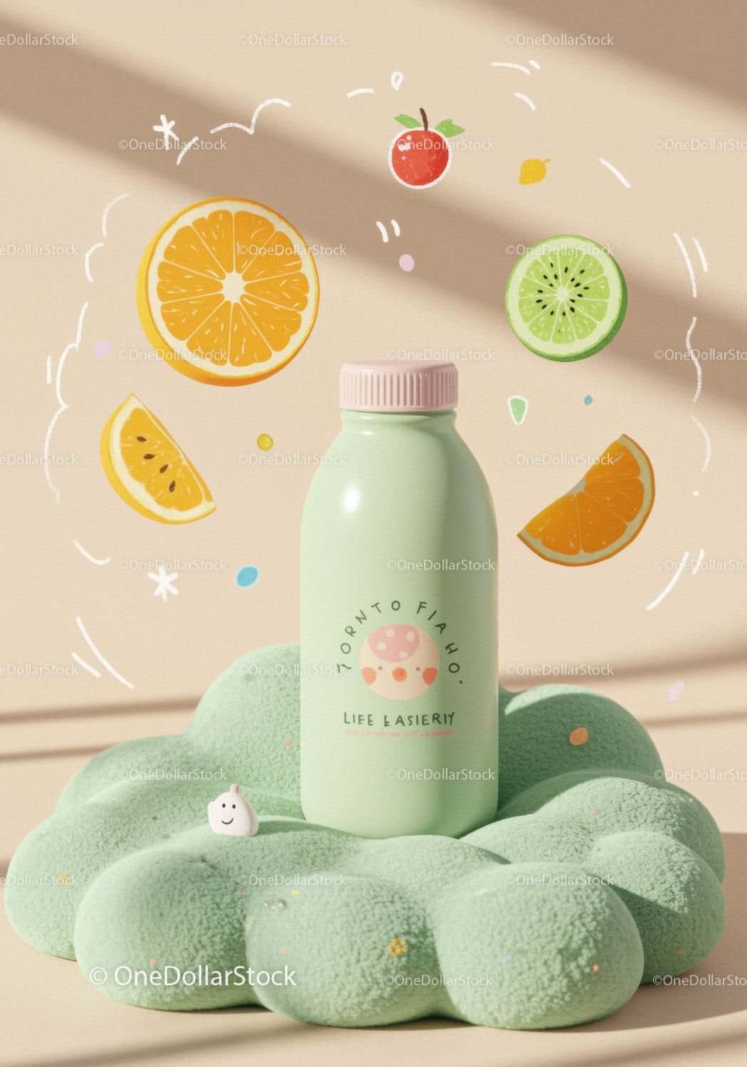 Creative green bottle with colorful fruit illustrations