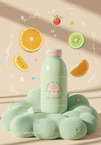 Creative green bottle with colorful fruit illustrations