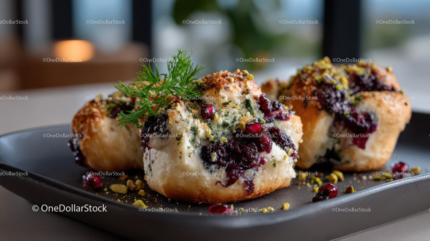 Berry Panna Cotta with Pistachios and Fresh Herbs on Black Plate