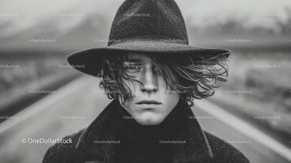 Stylish Young Man with Wet Hair Outdoors in Moody Black and White Portrait
