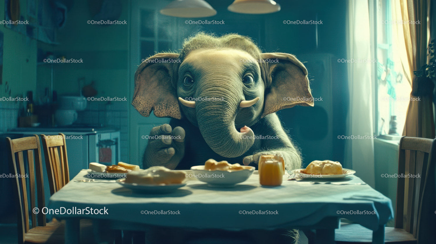 Adorable Elephant Costume Enjoying Breakfast in Cozy Kitchen