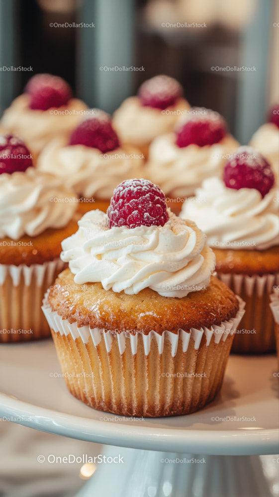 Delicious Vanilla Cupcakes with Raspberry Topping in Elegant Bakery Display