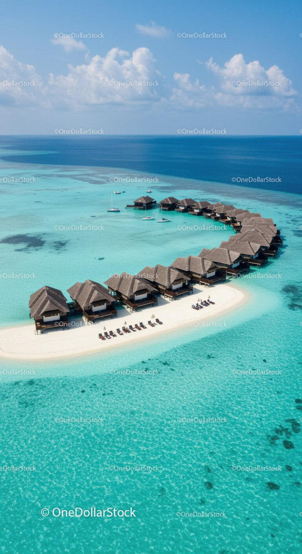 Overwater Bungalows on Clear Turquoise Sea with White Sand Beach