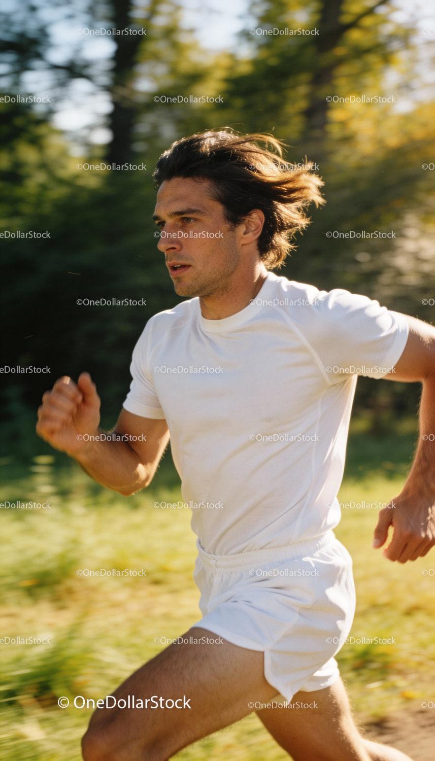 Determined man running outdoors in bright natural light
