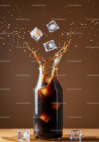 Refreshing splash of soda with ice cubes in bottle