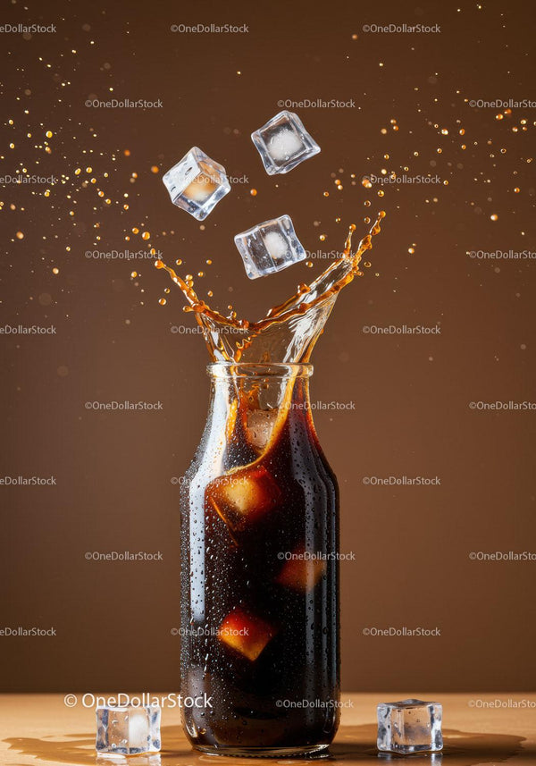 Refreshing splash of soda with ice cubes in bottle