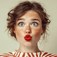 Freckled Woman with Bright Blue Eyes and Red Lips in Studio Scene