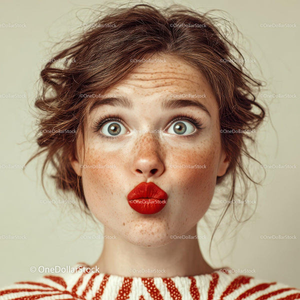 Freckled Woman with Bright Blue Eyes and Red Lips in Studio Scene