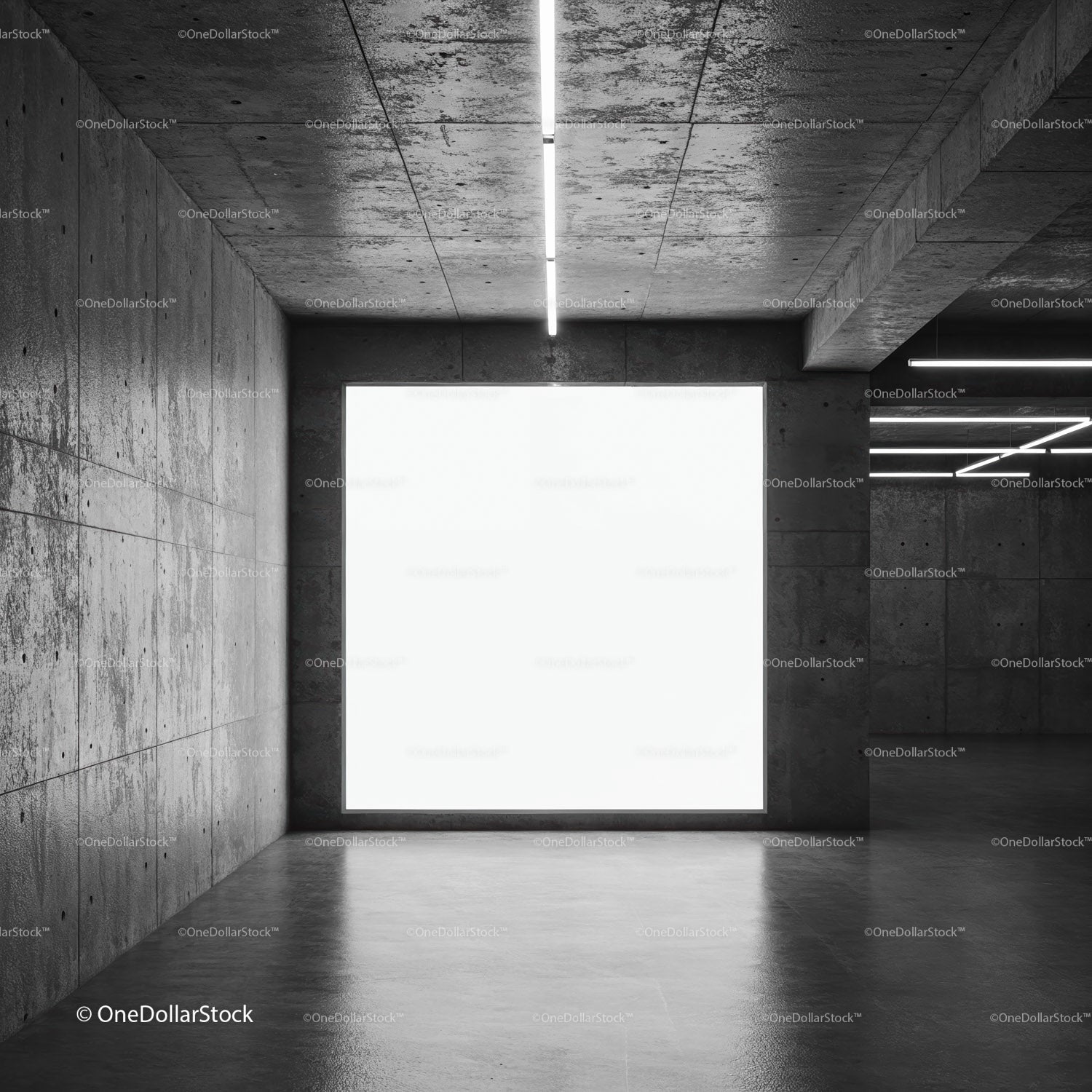 Empty concrete room with large illuminated window