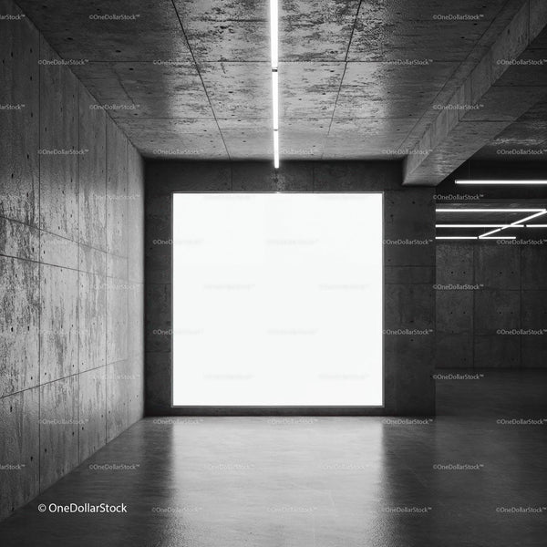 Empty concrete room with large illuminated window JPG Mockup Image