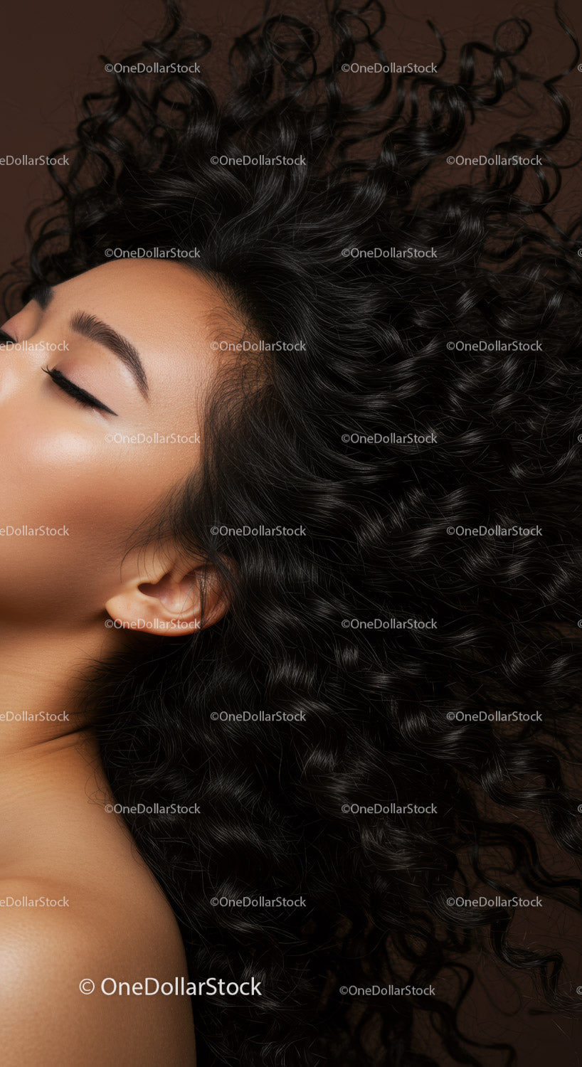 Close-up of woman with flowing curly black hair
