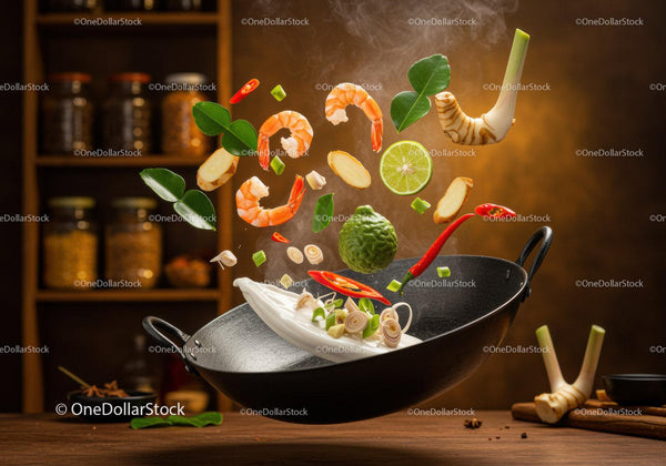 Fresh Thai ingredients flying out of wok with steam