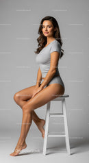 Young Woman Sitting on Stool in Casual Style for Lifestyle Photography